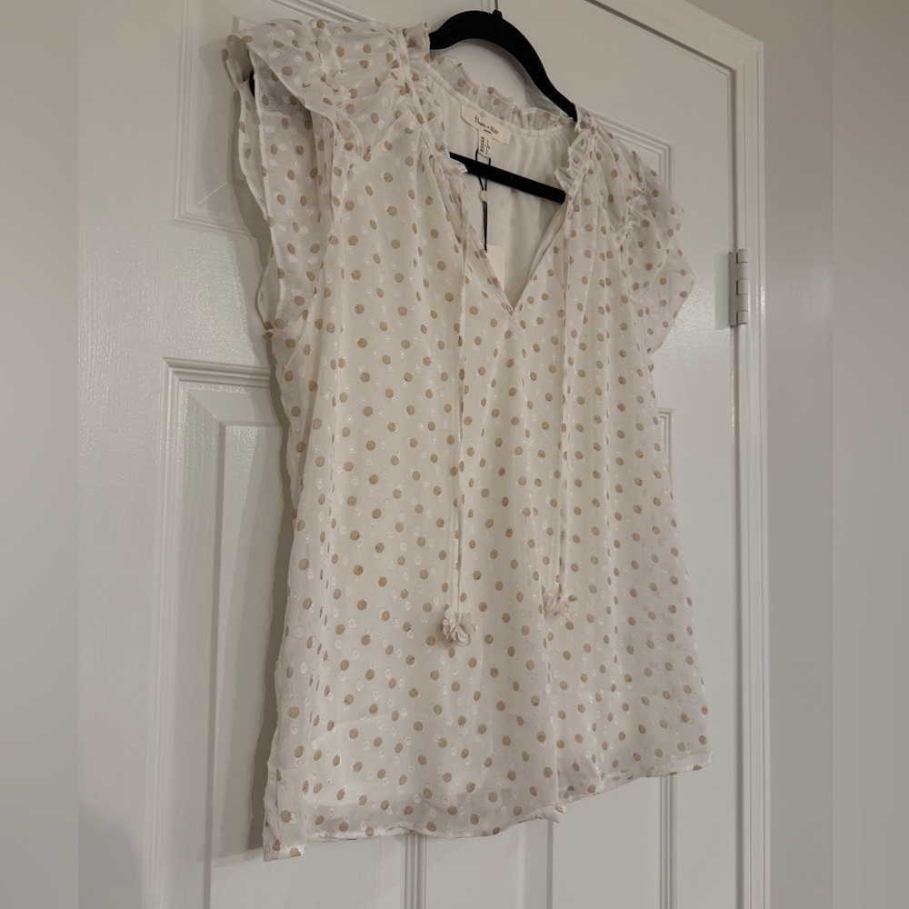 Polka Dot Ruffle Cap Sleeve Blouse - Cream with Gold Dots